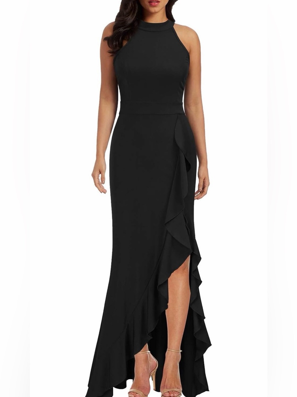 WOOSEA Black High Neck Mermaid Evening Gown. Ruffle Slit Formal Maxi. Size M